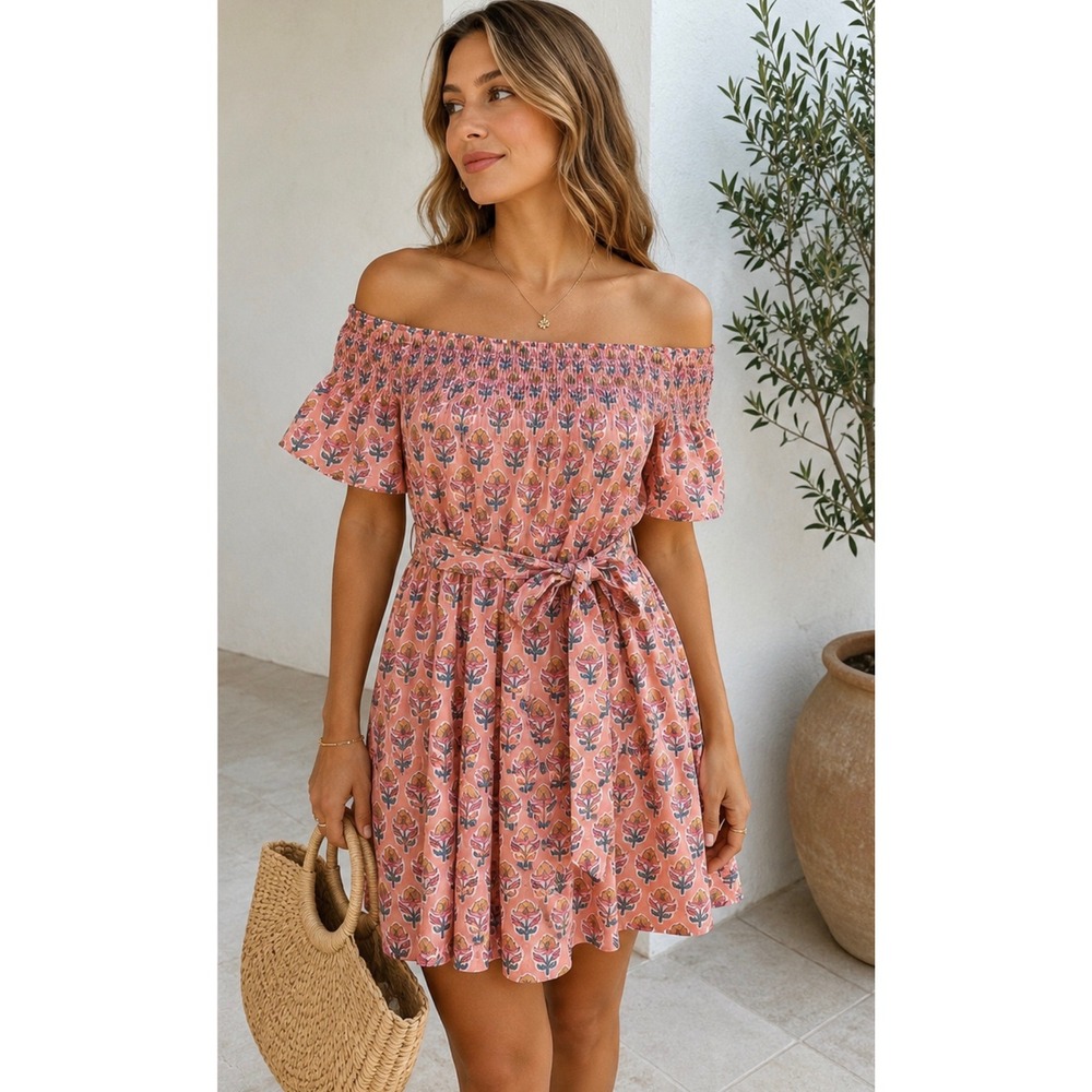 Marea Floral Block‎ Print Dress Womens Small Pink Coastal Boho Smocked Mini NWOT